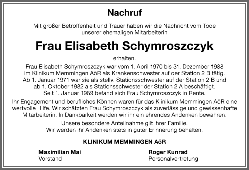 Traueranzeige von Elisabeth Schymroszczyk von Memminger Zeitung