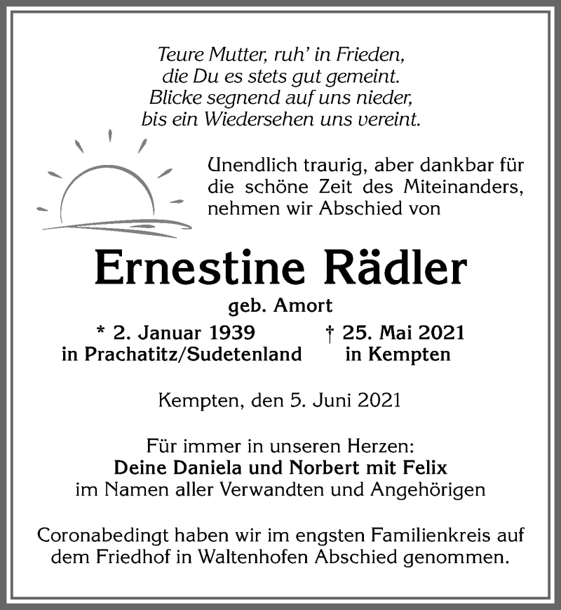 Traueranzeige von Ernestine Rädler von Allgäuer Zeitung,Kempten