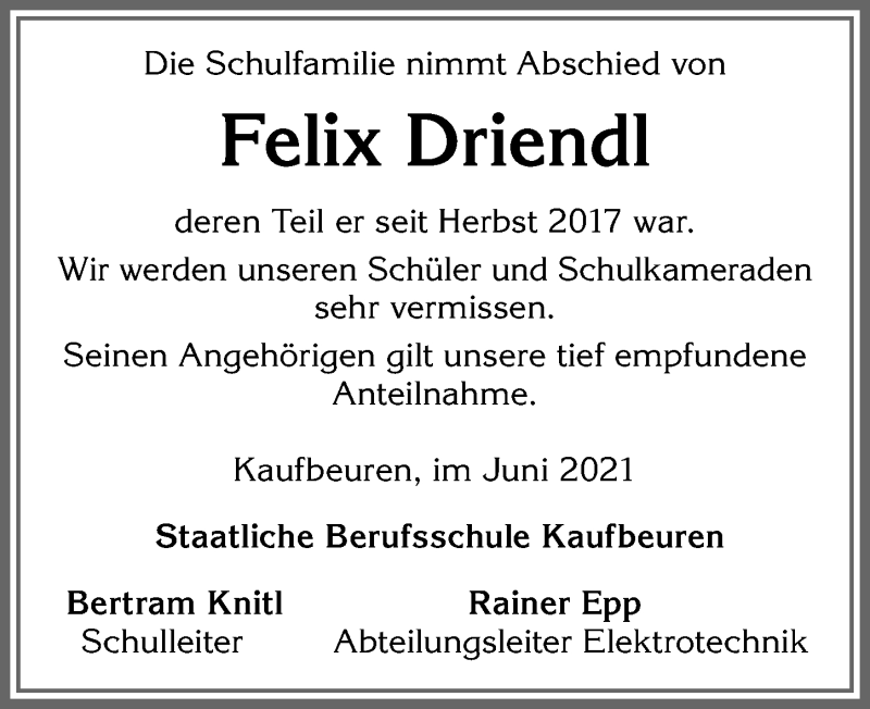 Traueranzeige von Felix Driendl von Allgäuer Zeitung, Füssen