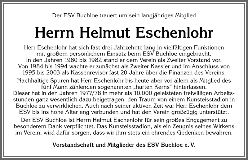 Traueranzeige von Helmut Eschenlohr von Allgäuer Zeitung, Kaufbeuren/Buchloe