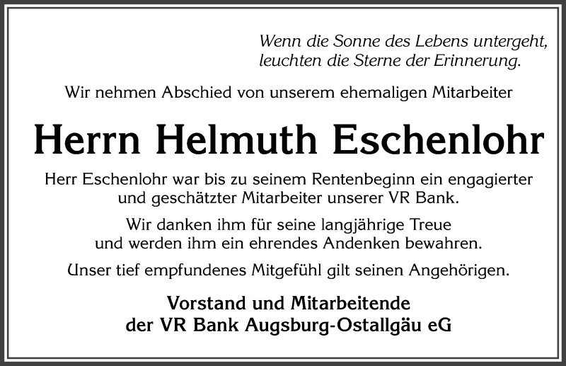 Traueranzeige von Helmuth Eschenlohr von Allgäuer Zeitung, Kaufbeuren/Buchloe