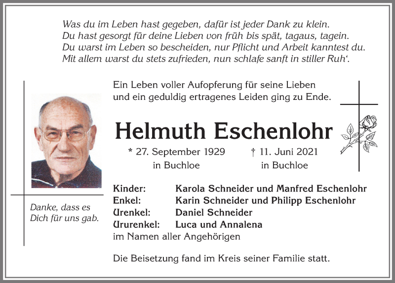 Traueranzeige von Helmuth Eschenlohr von Allgäuer Zeitung, Kaufbeuren/Buchloe