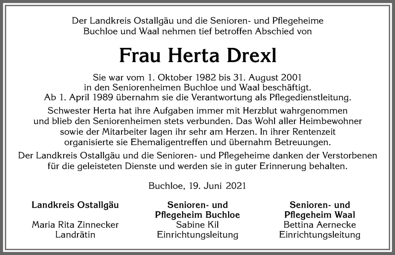 Traueranzeige von Herta Drexl von Allgäuer Zeitung, Kaufbeuren/Buchloe