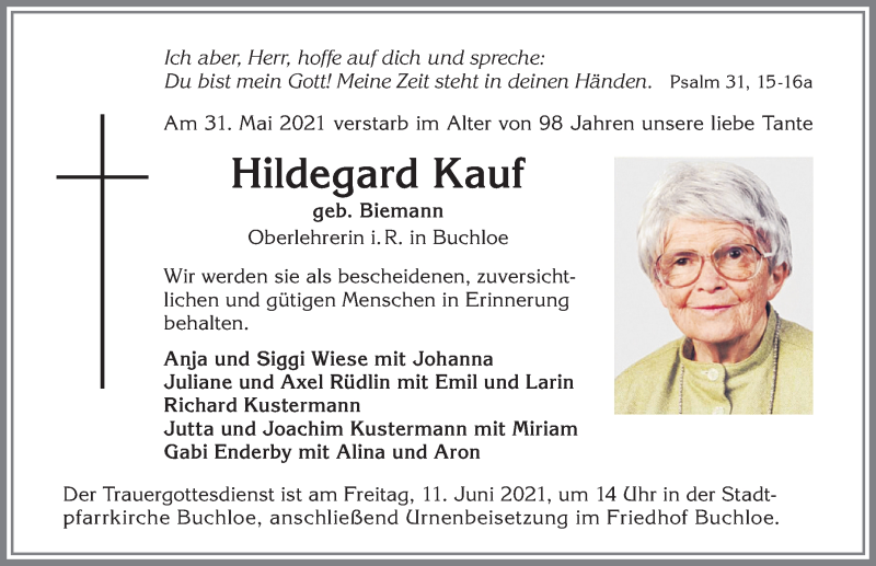 Traueranzeige von Hildegard Kauf von Allgäuer Zeitung, Kaufbeuren/Buchloe