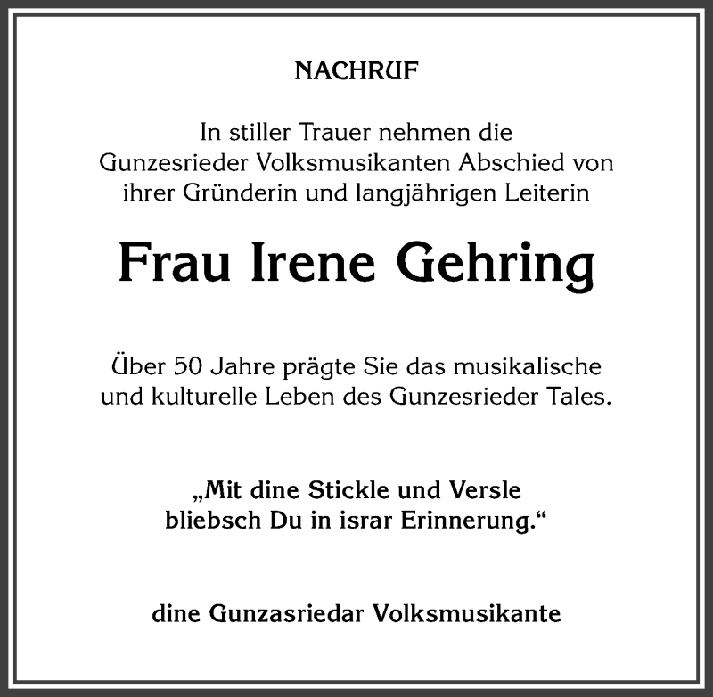 Traueranzeige von Irene Gehring von Allgäuer Anzeigeblatt