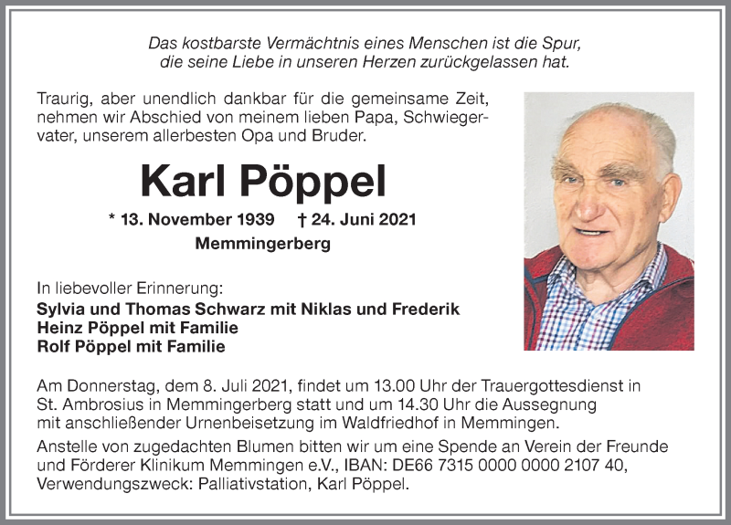 Traueranzeige von Karl Pöppel von Memminger Zeitung