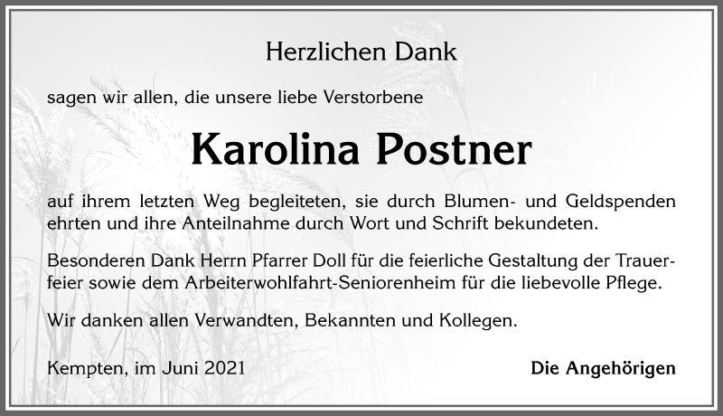 Traueranzeige von Karolina Postner von Allgäuer Zeitung,Kempten