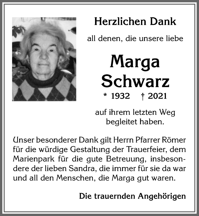 Traueranzeige von Marga Schwarz von Allgäuer Zeitung,Kempten