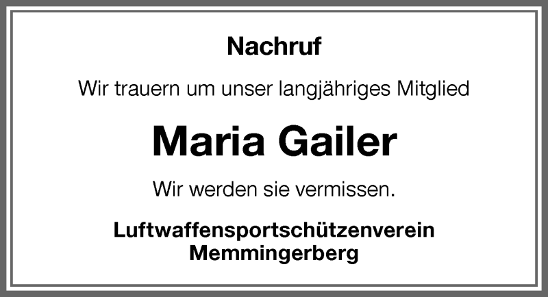 Traueranzeige von Maria Gailer von Memminger Zeitung