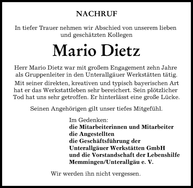 Traueranzeige von Mario Dietz von Memminger Zeitung