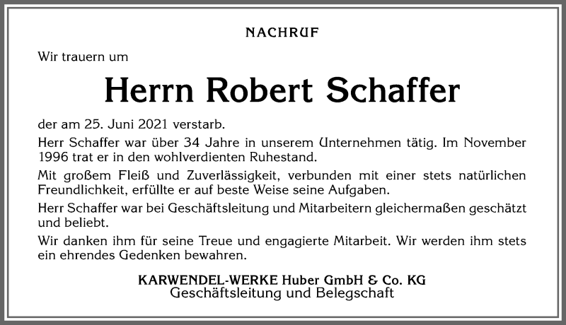 Traueranzeige von Robert Schaffer von Allgäuer Zeitung, Kaufbeuren/Buchloe