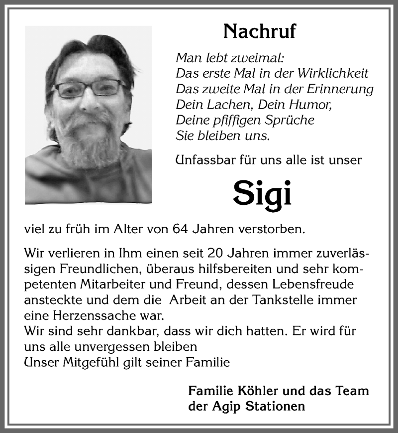 Traueranzeige von Sigi  von Allgäuer Zeitung, Kaufbeuren/Buchloe