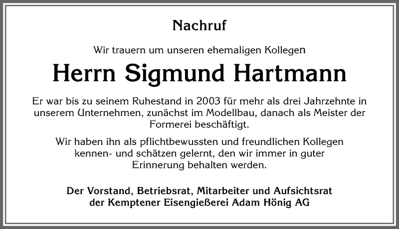 Traueranzeige von Sigmund Hartmann von Allgäuer Zeitung,Kempten