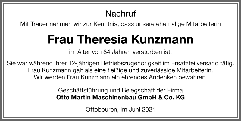 Traueranzeige von Theresia Kunzmann von Memminger Zeitung