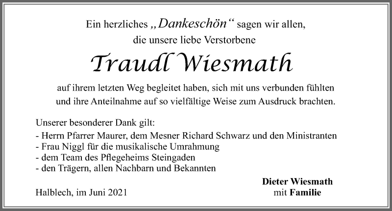 Traueranzeige von Traudl Wiesmath von Allgäuer Zeitung, Füssen