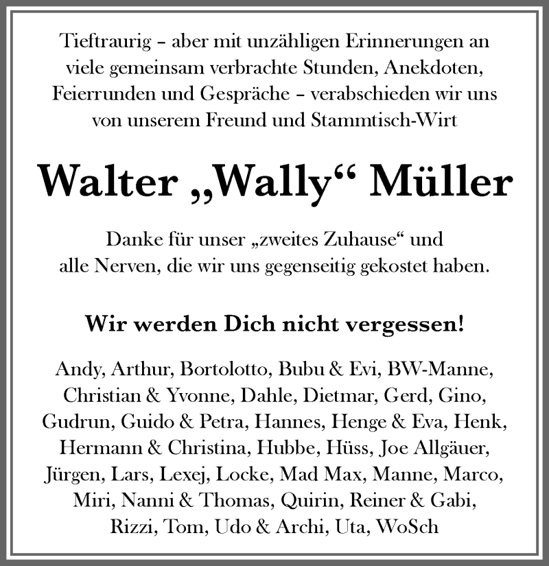 Traueranzeige von Walter Müller von Allgäuer Zeitung,Kempten