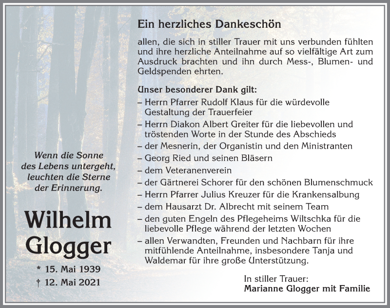Traueranzeige von Wilhelm Glogger von Allgäuer Zeitung, Kaufbeuren/Buchloe