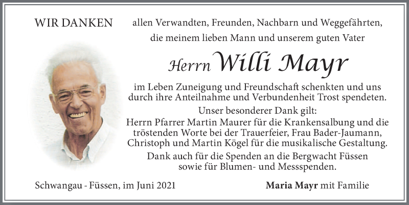 Traueranzeige von Willi Mayr von Allgäuer Zeitung, Füssen