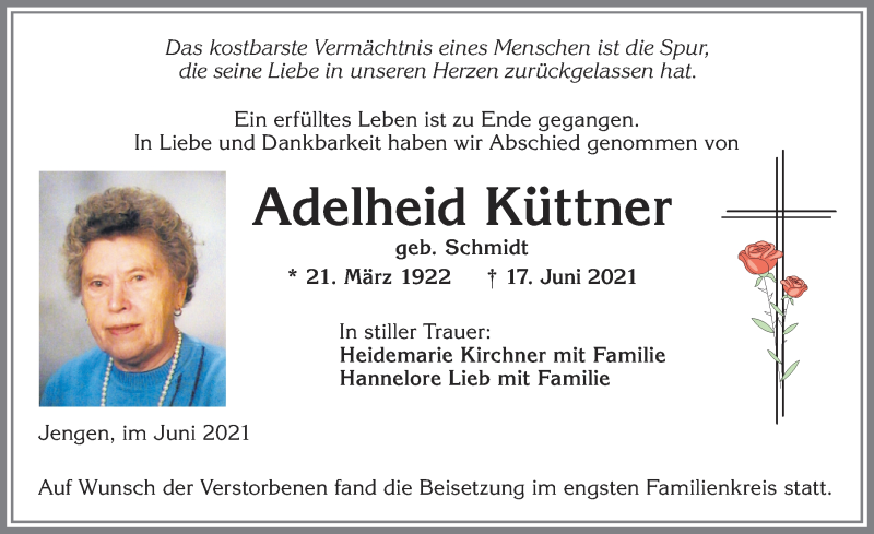 Traueranzeige von Adelheid Küttner von Allgäuer Zeitung, Kaufbeuren/Buchloe