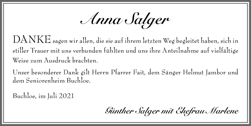 Traueranzeige von Anna Salger von Allgäuer Zeitung, Kaufbeuren/Buchloe