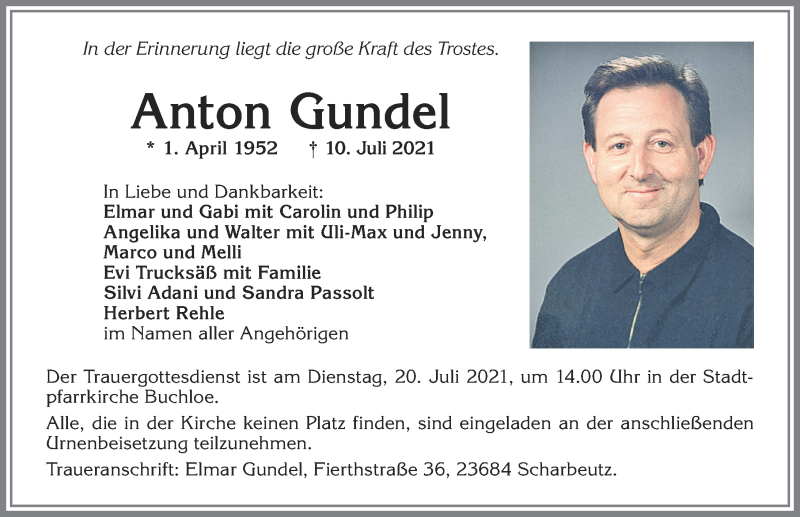 Traueranzeige von Anton Gundel von Allgäuer Zeitung, Kaufbeuren/Buchloe