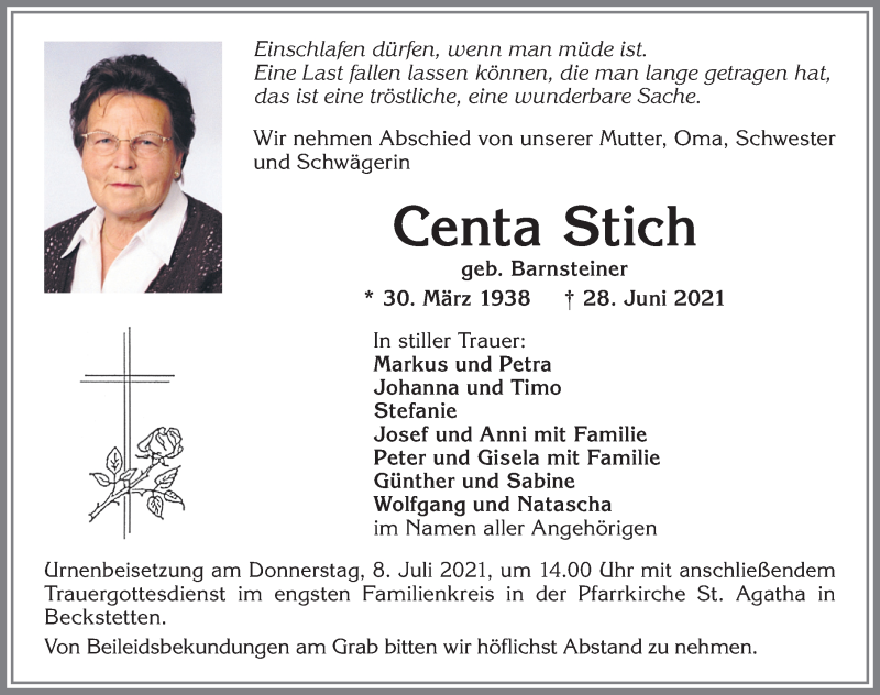 Traueranzeige von Centa Stich von Allgäuer Zeitung, Kaufbeuren/Buchloe