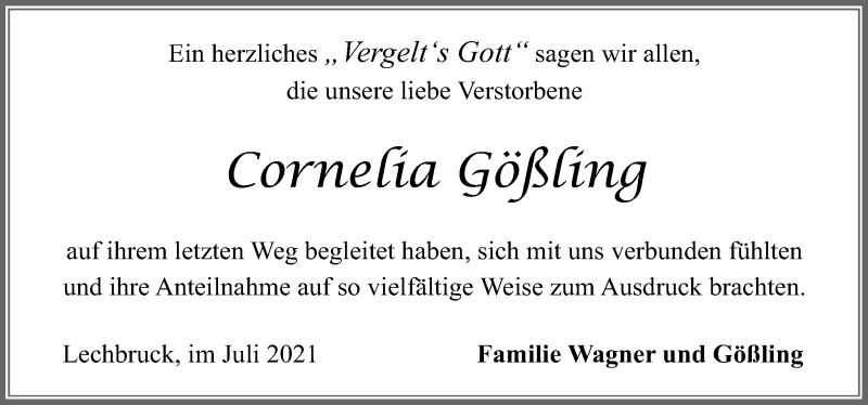 Traueranzeige von Cornelia  Gößling von Allgäuer Zeitung, Füssen