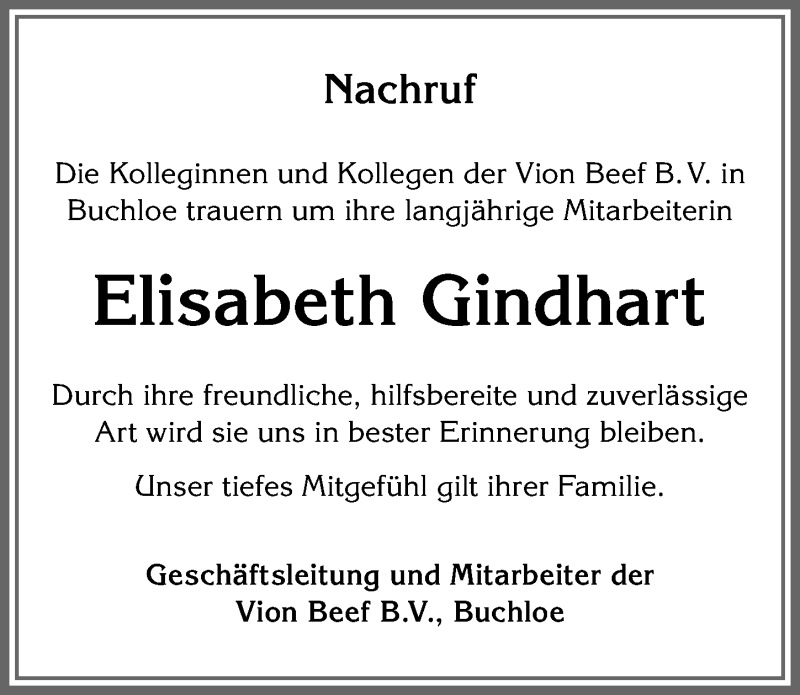 Traueranzeige von Elisabeth Gindhart von Allgäuer Zeitung, Kaufbeuren/Buchloe