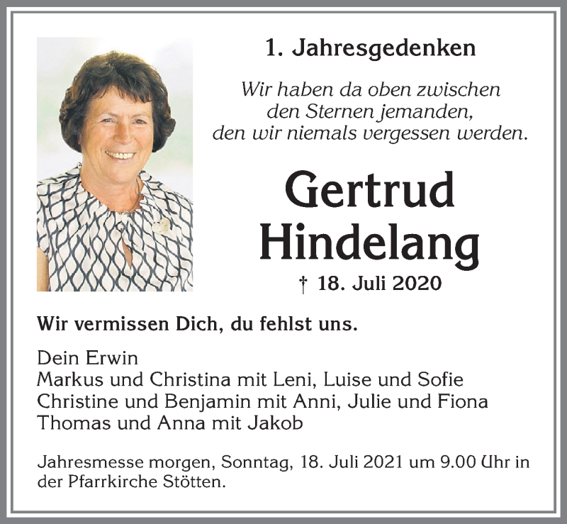 Traueranzeige von Gertrud Hindelang von Allgäuer Zeitung