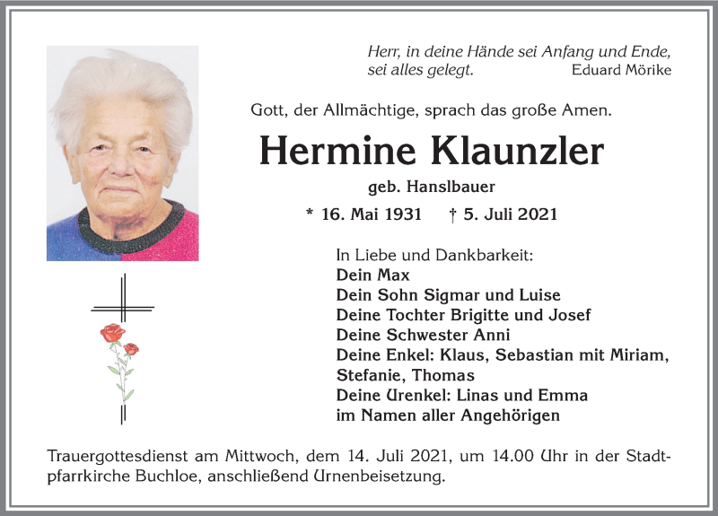 Traueranzeige von Hermine Klaunzler von Allgäuer Zeitung