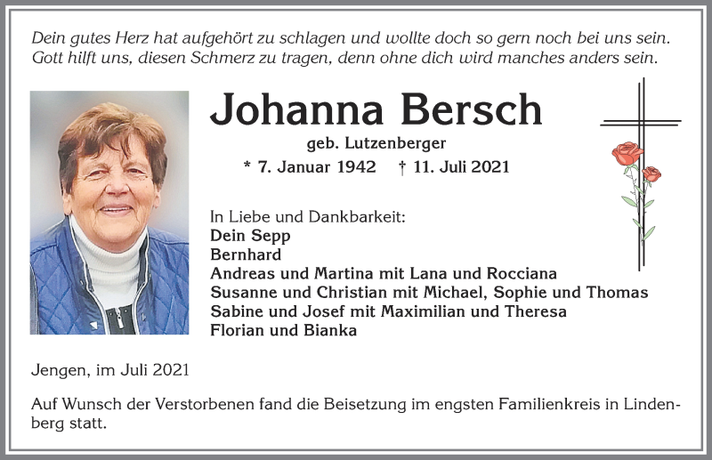 Traueranzeige von Johanna Bersch von Allgäuer Zeitung, Kaufbeuren/Buchloe