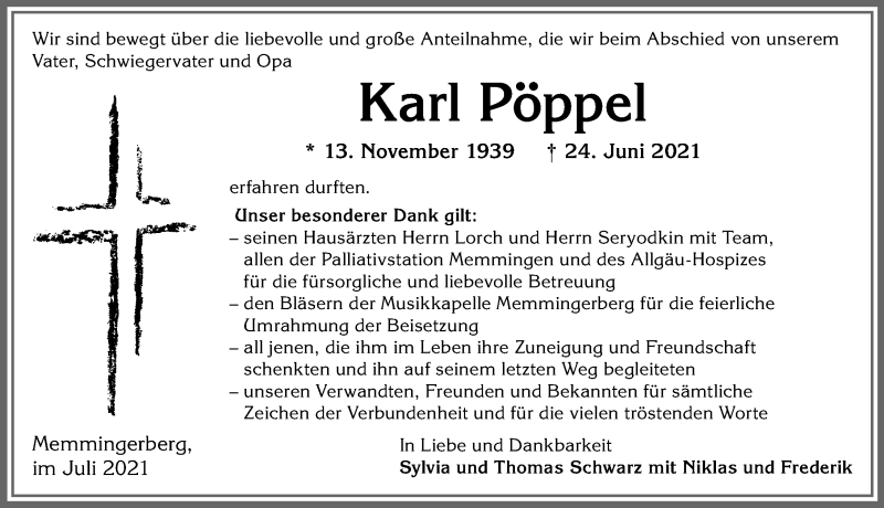 Traueranzeige von Karl Pöppel von Memminger Zeitung