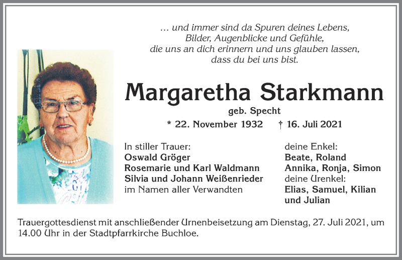 Traueranzeige von Margaretha Starkmann von Allgäuer Zeitung, Kaufbeuren/Buchloe