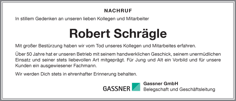 Traueranzeige von Robert Schrägle von Allgäuer Zeitung,Kempten