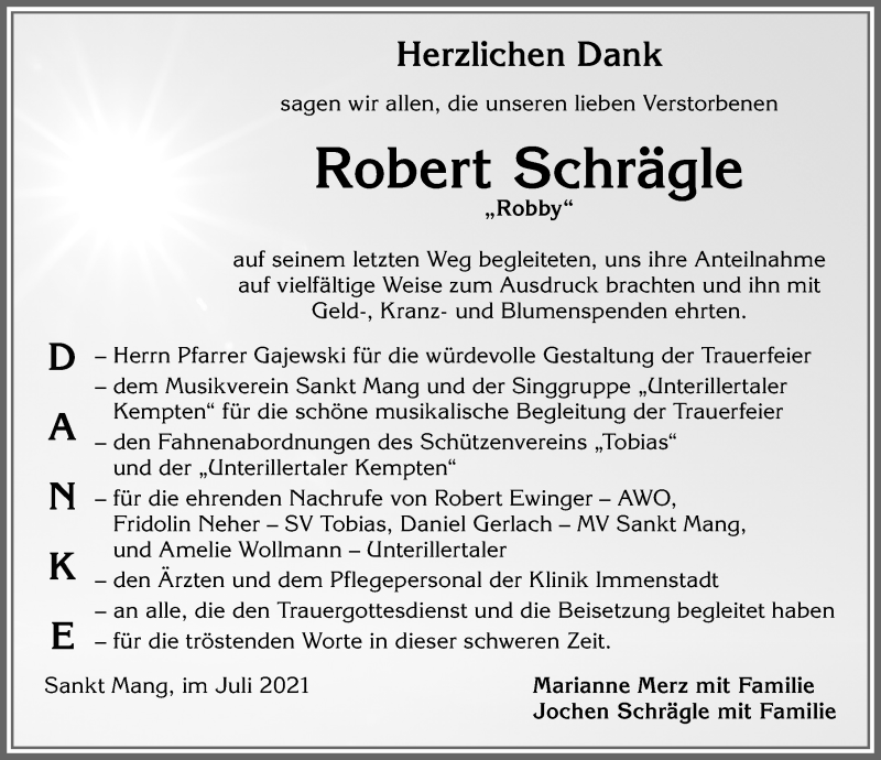 Traueranzeige von Robert Schrägle von Allgäuer Zeitung,Kempten