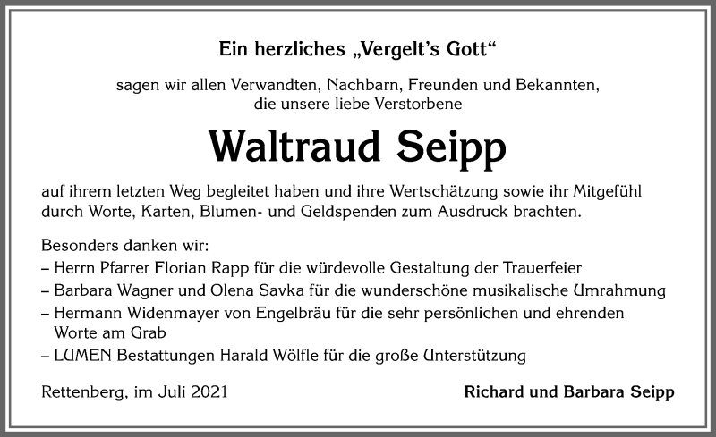 Traueranzeige von Waltraud Seipp von Allgäuer Anzeigeblatt