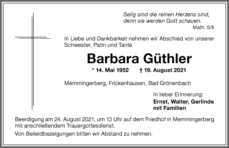 Traueranzeige von Barbara Güthler von Memminger Zeitung