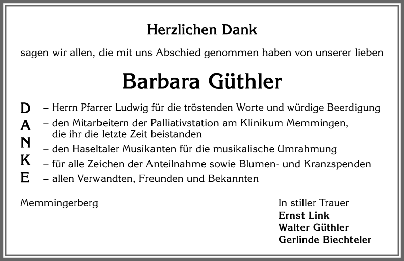 Traueranzeige von Barbara Güthler von Memminger Zeitung