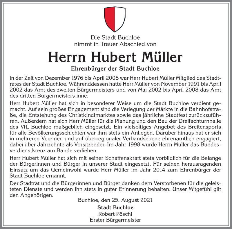 Traueranzeige von Hubert Müller von Allgäuer Zeitung, Kaufbeuren/Buchloe