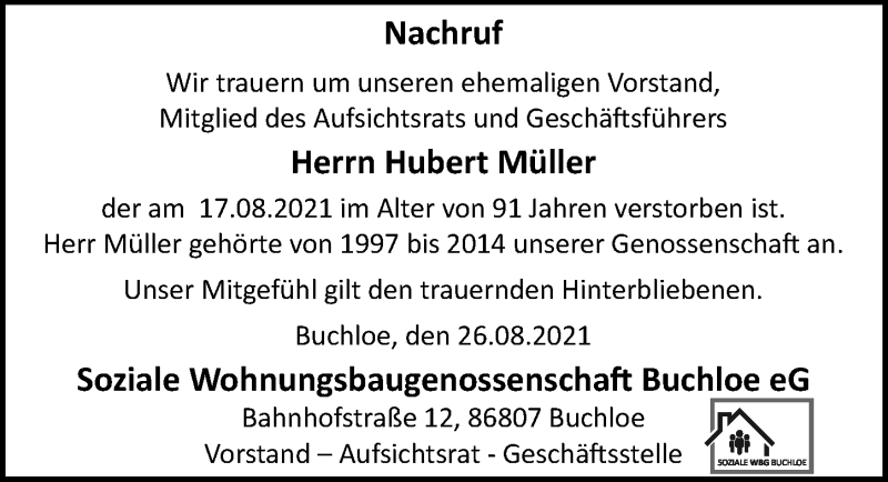 Traueranzeige von Hubert Müller von Allgäuer Zeitung, Kaufbeuren/Buchloe