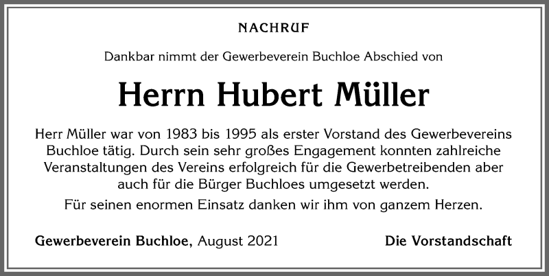 Traueranzeige von Hubert Müller von Allgäuer Zeitung, Kaufbeuren/Buchloe