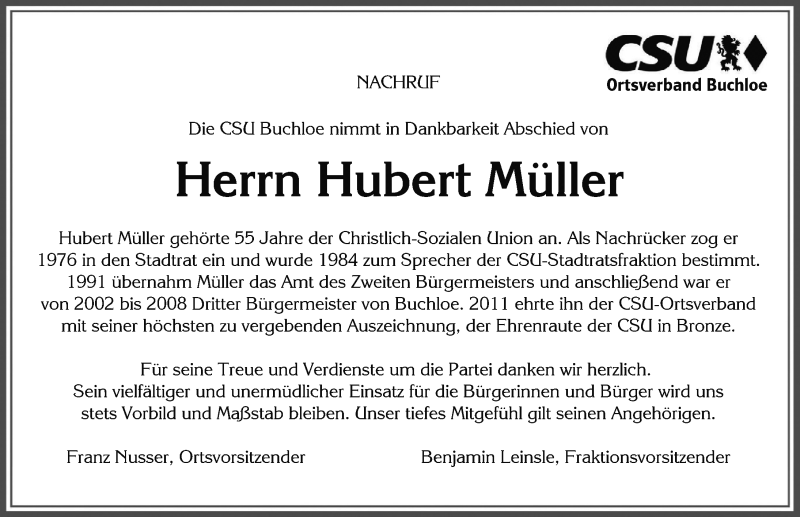 Traueranzeige von Hubert Müller von Allgäuer Zeitung, Kaufbeuren/Buchloe