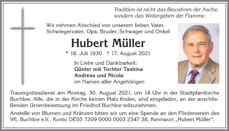 Traueranzeige von Hubert Müller von Allgäuer Zeitung, Kaufbeuren/Buchloe