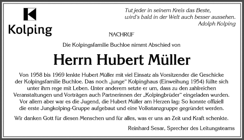 Traueranzeige von Hubert Müller von Allgäuer Zeitung, Kaufbeuren/Buchloe