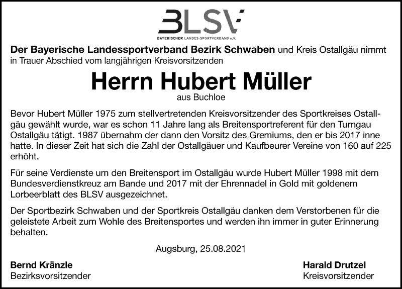 Traueranzeige von Hubert Müller von Allgäuer Zeitung