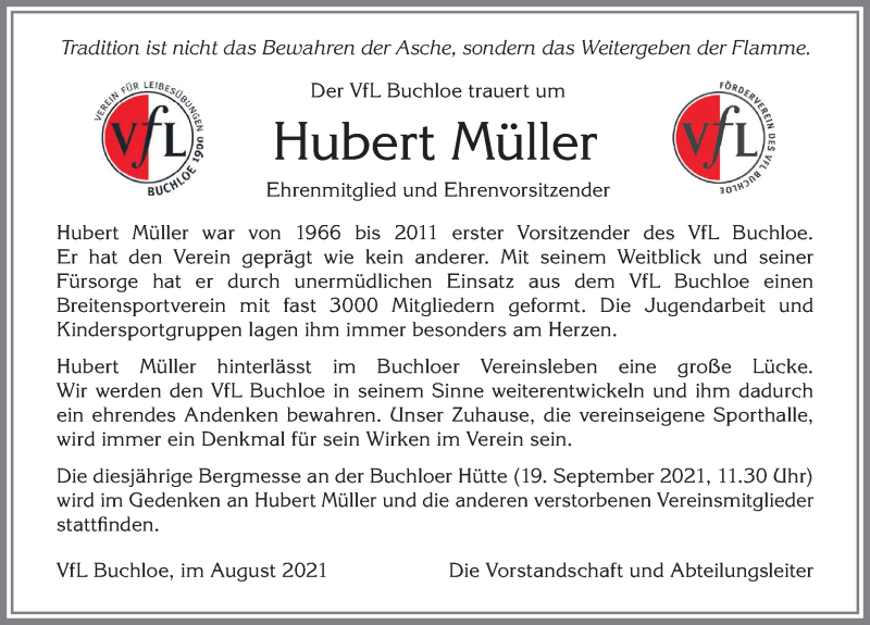 Traueranzeige von Hubert Müller von Allgäuer Zeitung, Kaufbeuren/Buchloe