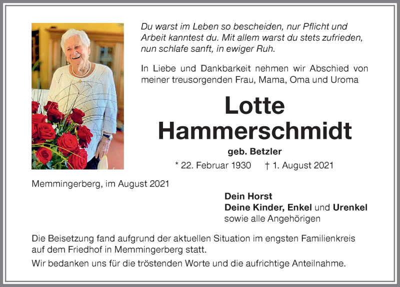 Traueranzeige von Lotte Hammerschmidt von Memminger Zeitung