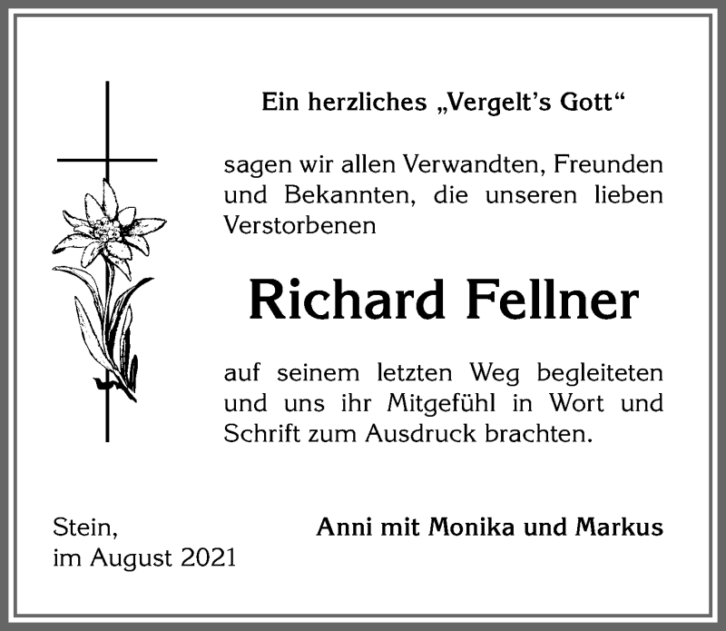 Traueranzeige von Richard Fellner von Allgäuer Anzeigeblatt