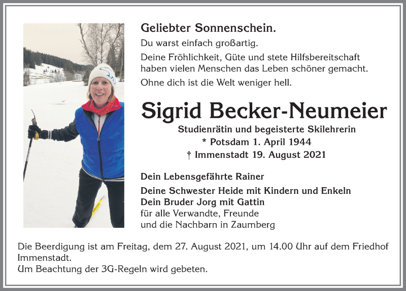  Traueranzeige für Sigrid Becker-Neumeier vom 25.08.2021 aus Allgäuer Anzeigeblatt