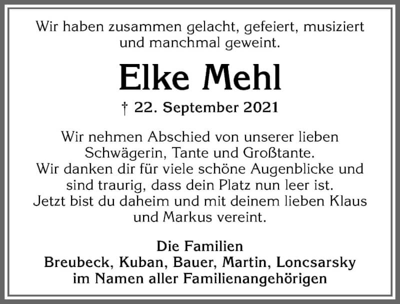 Traueranzeige von Elke Mehl von Allgäuer Zeitung, Kaufbeuren/Buchloe